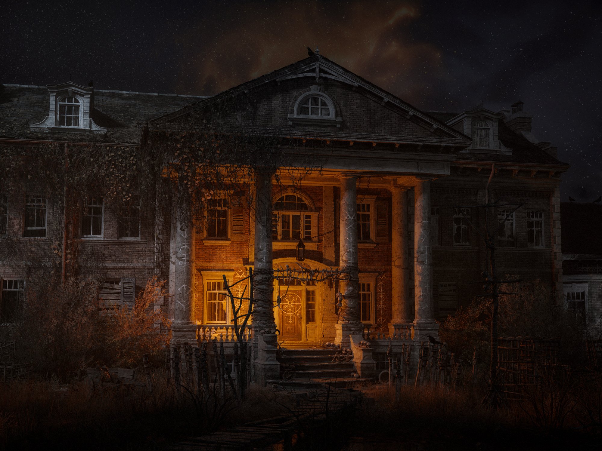 An abandoned haunted house at night.